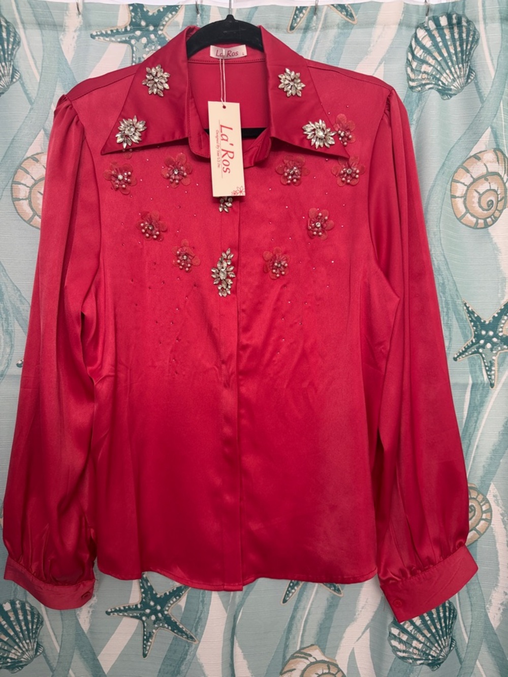 Red Satin Blouse with Jewel Floral Accents
